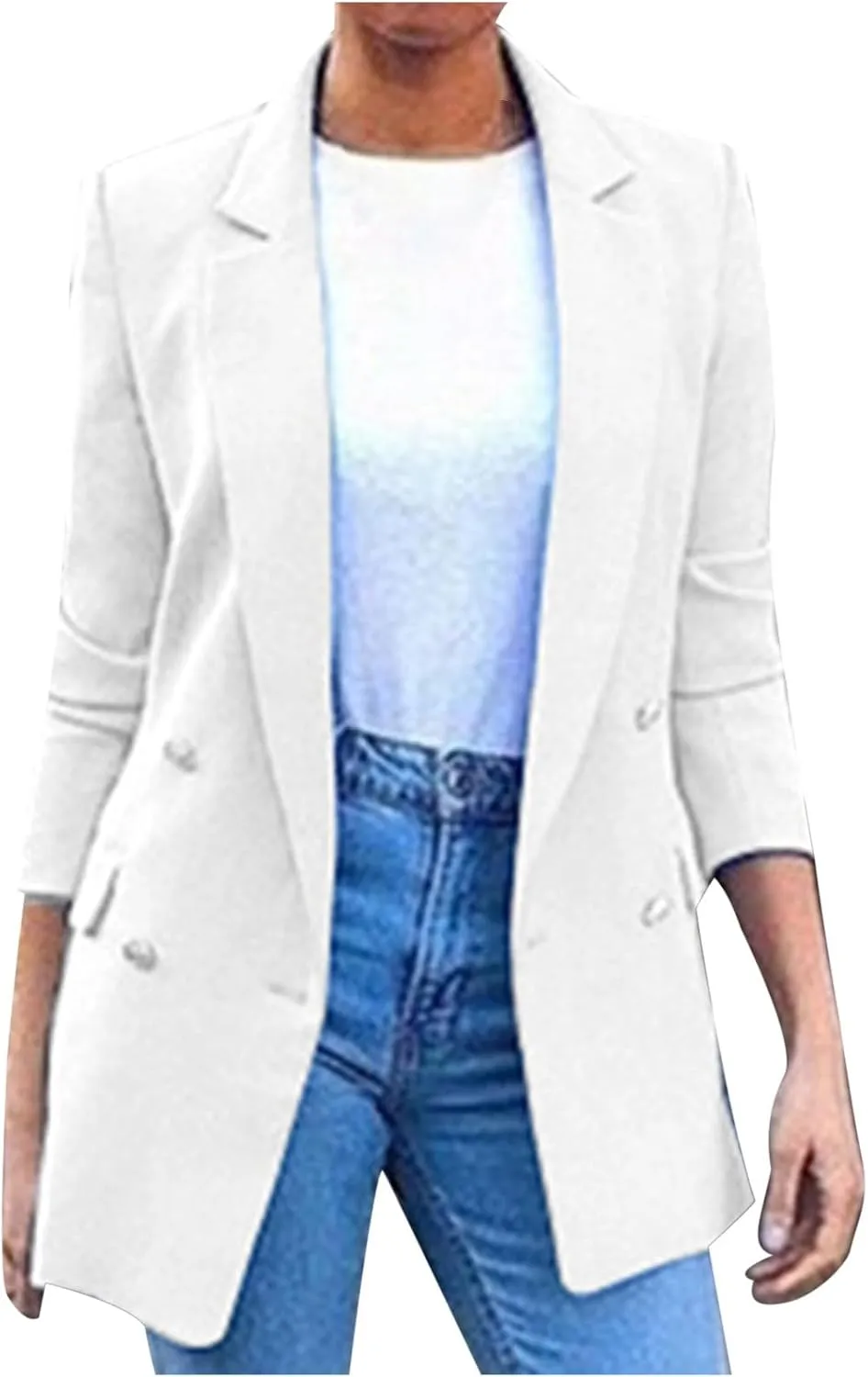 Akklian Women's Blazer Twill Office Jackets Plus Size Fitted Lapel Blazers Double Breasted 3/4 Sleeve Lightweight Suit Jacket