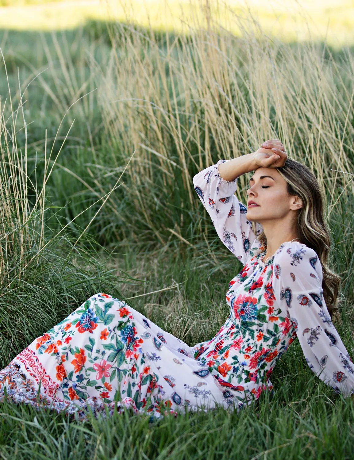 Boarder Print Tiered Maxi Peasant Dress