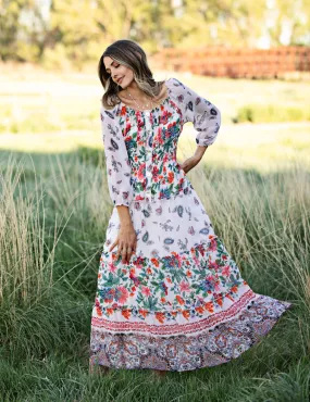 Boarder Print Tiered Maxi Peasant Dress