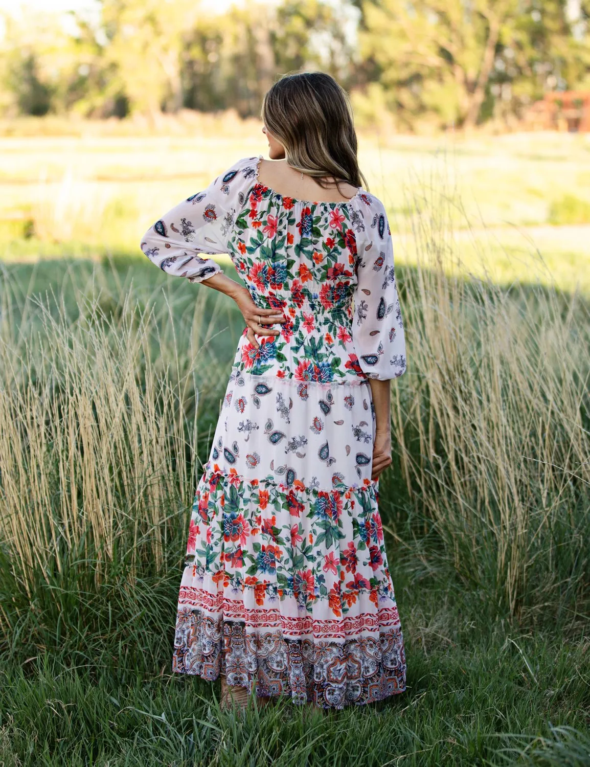 Boarder Print Tiered Maxi Peasant Dress