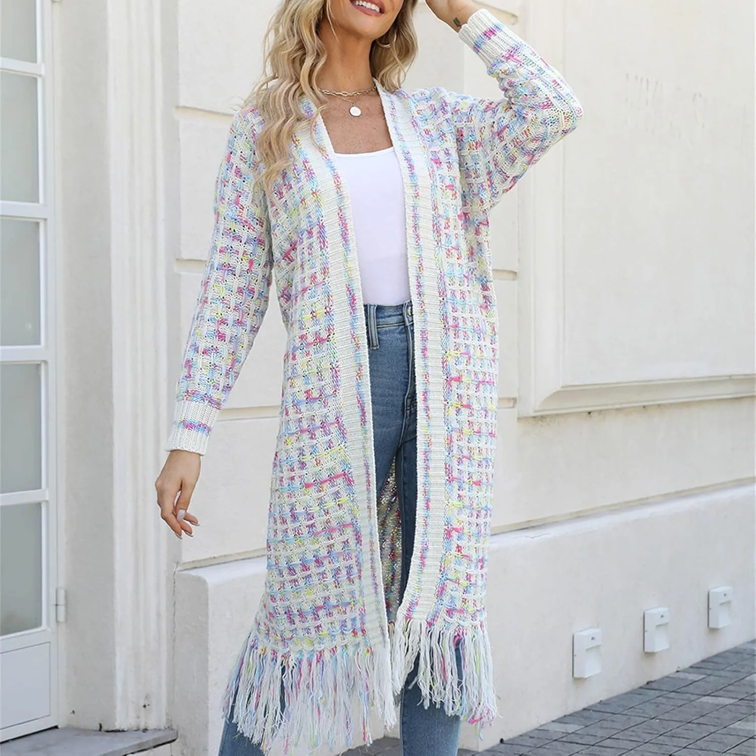 Boho Maxi Cardigan Sweater for Women Fringed Hem Open Front Rainbow Knitted Outwear Vintage Elegant Flowy Warm Coat