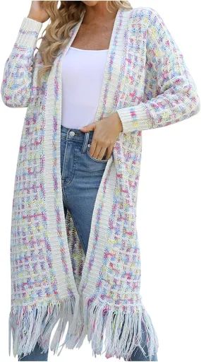 Boho Maxi Cardigan Sweater for Women Fringed Hem Open Front Rainbow Knitted Outwear Vintage Elegant Flowy Warm Coat