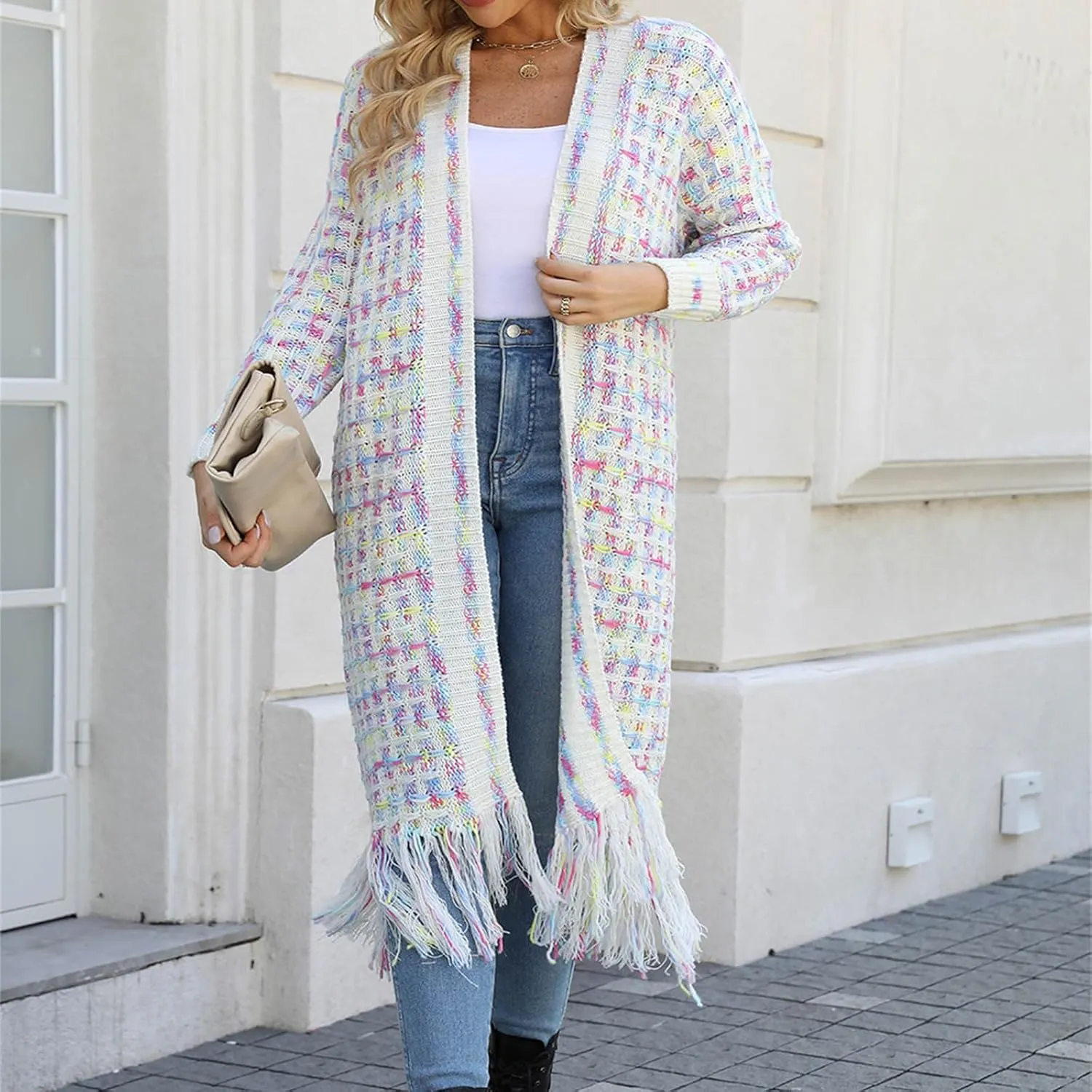 Boho Maxi Cardigan Sweater for Women Fringed Hem Open Front Rainbow Knitted Outwear Vintage Elegant Flowy Warm Coat