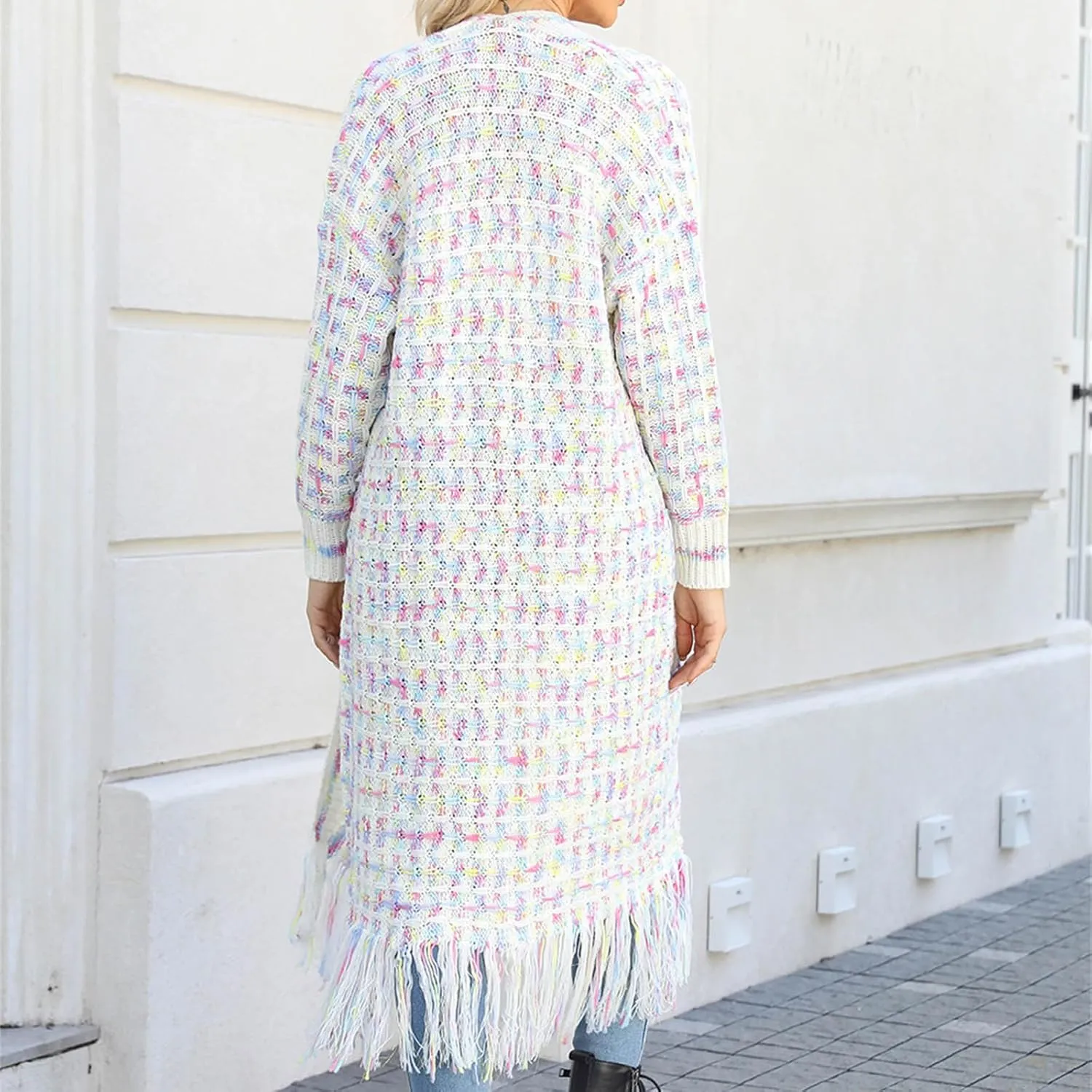 Boho Maxi Cardigan Sweater for Women Fringed Hem Open Front Rainbow Knitted Outwear Vintage Elegant Flowy Warm Coat