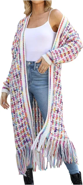 Boho Maxi Cardigan Sweater for Women Fringed Hem Open Front Rainbow Knitted Outwear Vintage Elegant Flowy Warm Coat