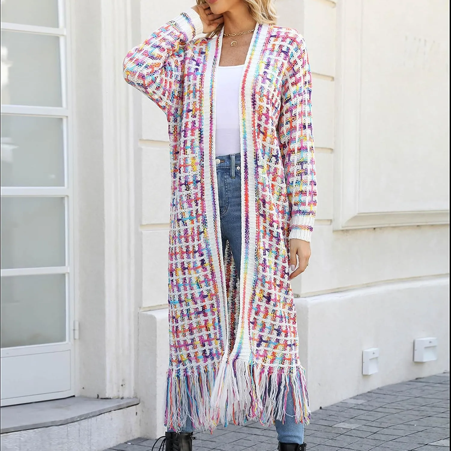 Boho Maxi Cardigan Sweater for Women Fringed Hem Open Front Rainbow Knitted Outwear Vintage Elegant Flowy Warm Coat