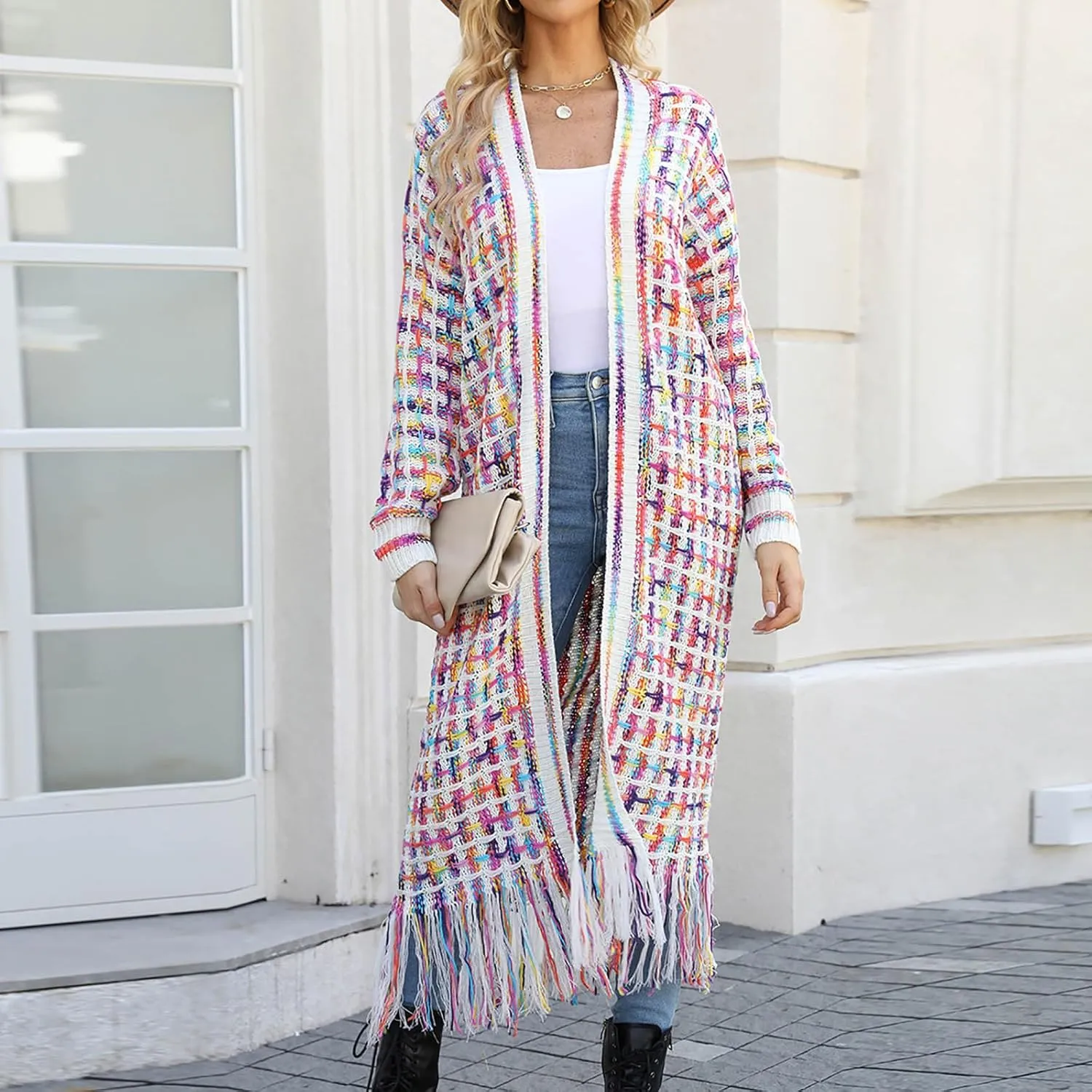 Boho Maxi Cardigan Sweater for Women Fringed Hem Open Front Rainbow Knitted Outwear Vintage Elegant Flowy Warm Coat