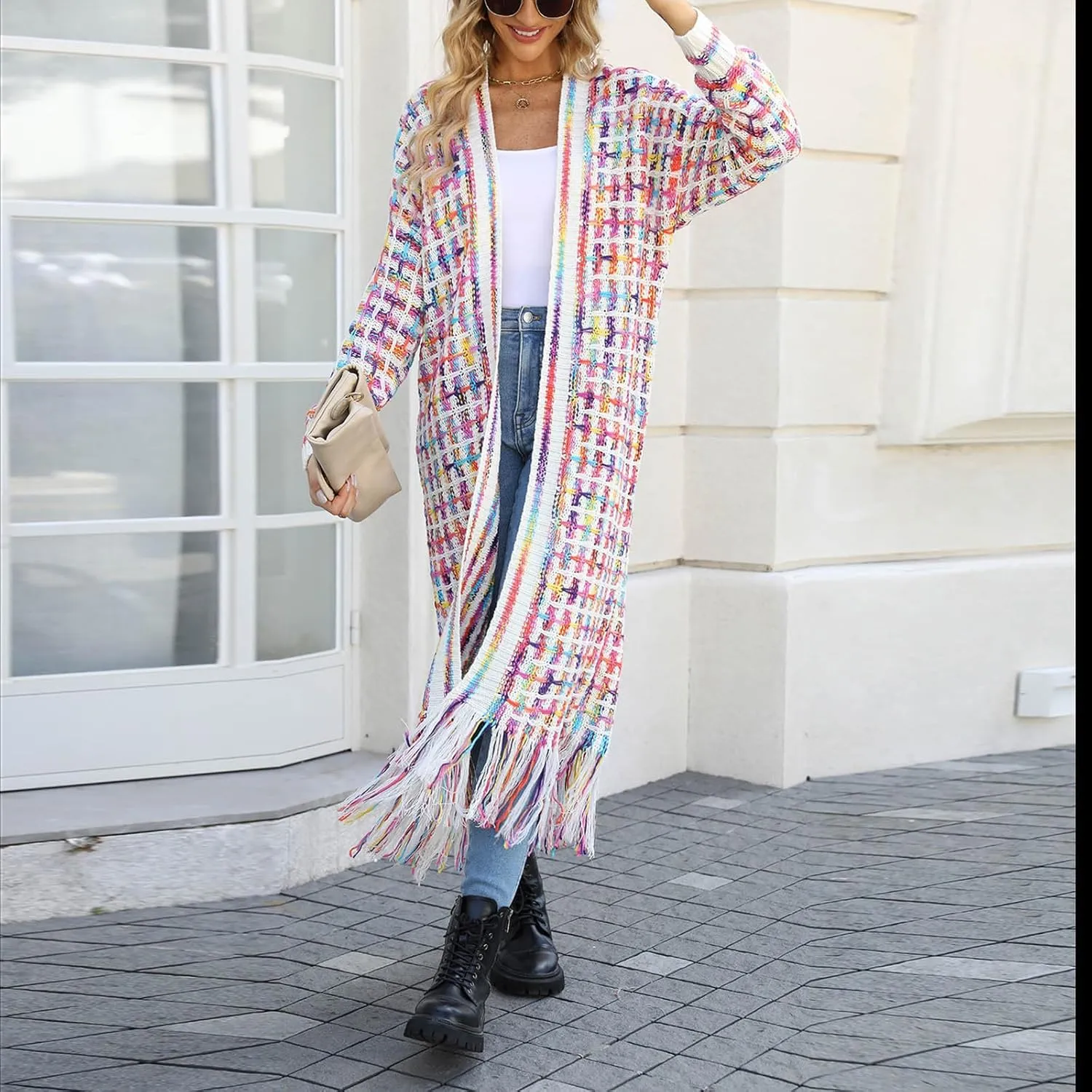 Boho Maxi Cardigan Sweater for Women Fringed Hem Open Front Rainbow Knitted Outwear Vintage Elegant Flowy Warm Coat