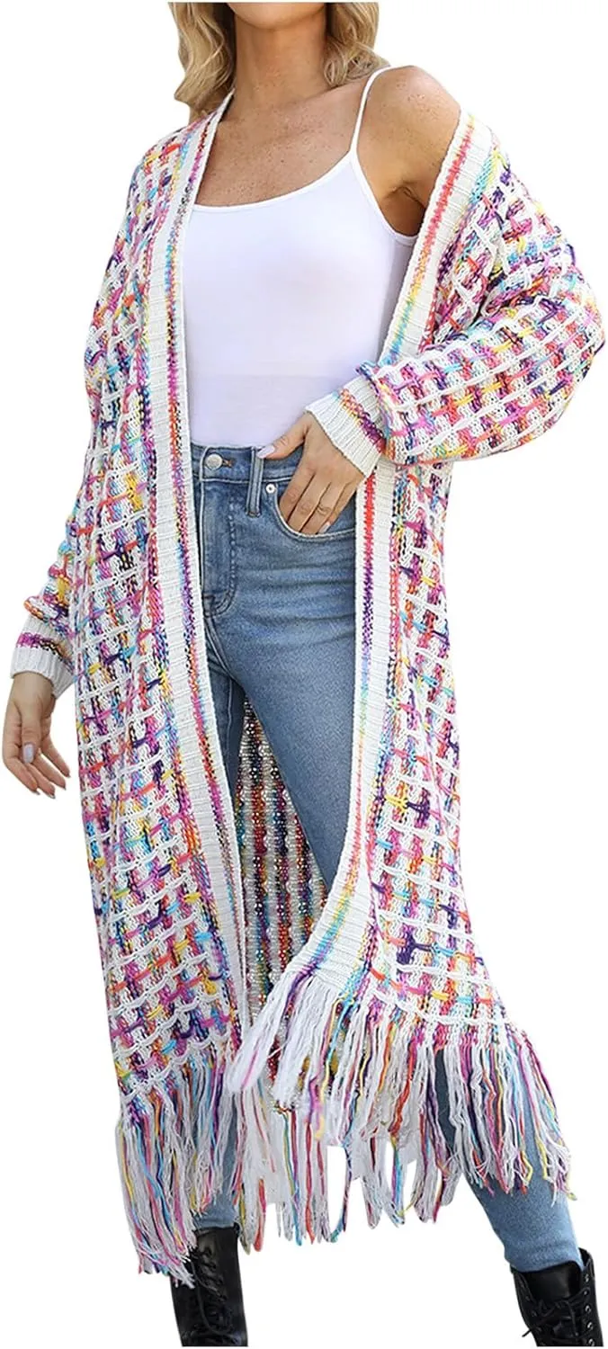 Boho Maxi Cardigan Sweater for Women Fringed Hem Open Front Rainbow Knitted Outwear Vintage Elegant Flowy Warm Coat