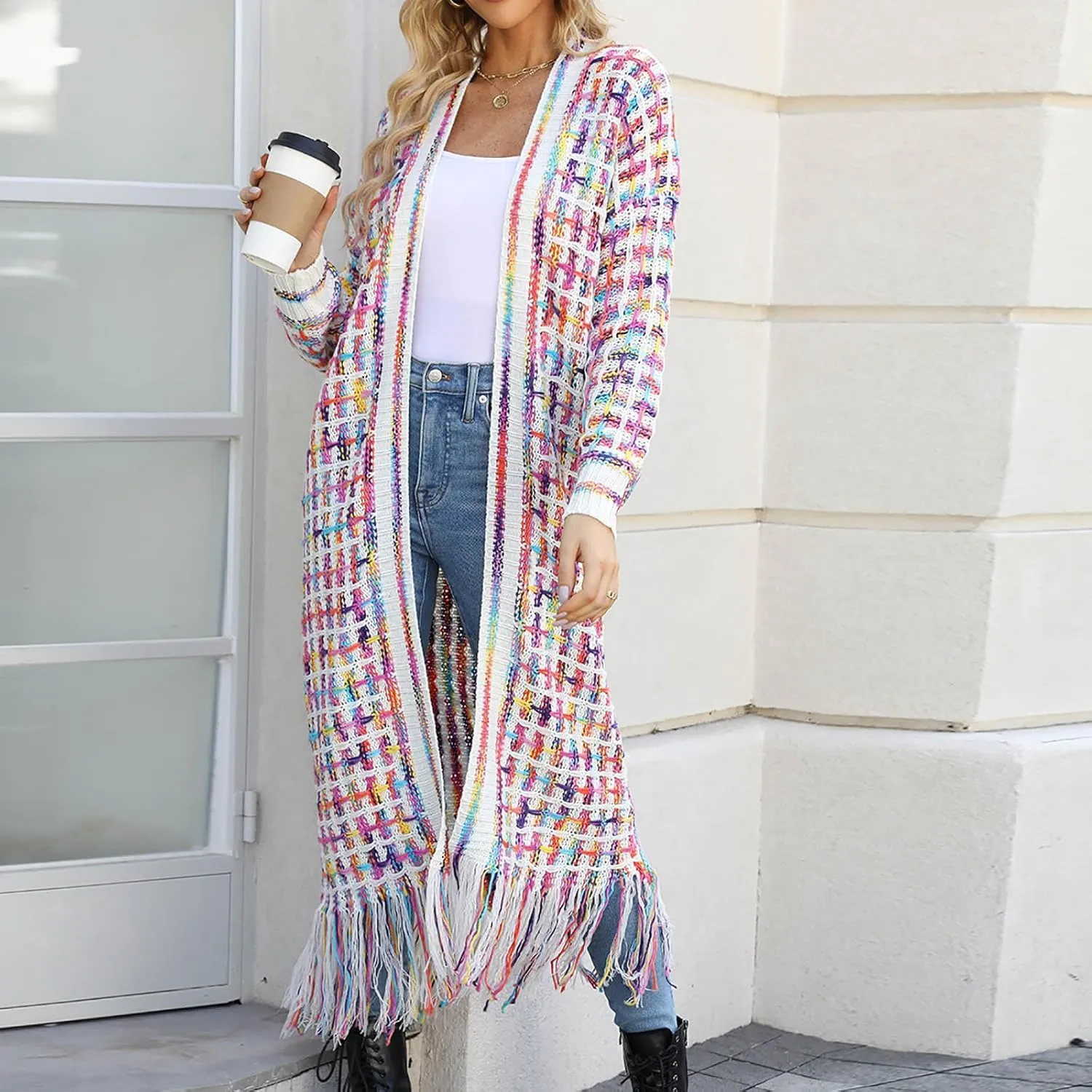 Boho Maxi Cardigan Sweater for Women Fringed Hem Open Front Rainbow Knitted Outwear Vintage Elegant Flowy Warm Coat
