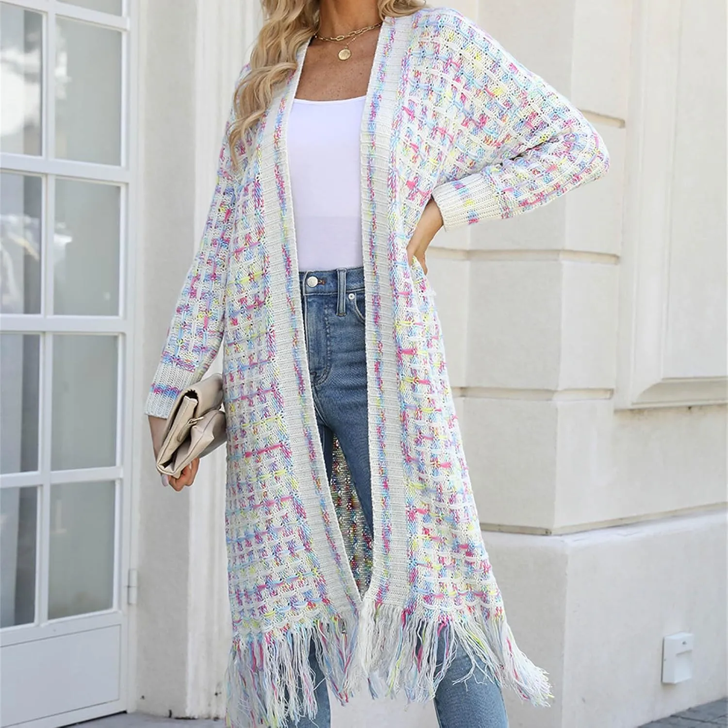 Boho Maxi Cardigan Sweater for Women Fringed Hem Open Front Rainbow Knitted Outwear Vintage Elegant Flowy Warm Coat