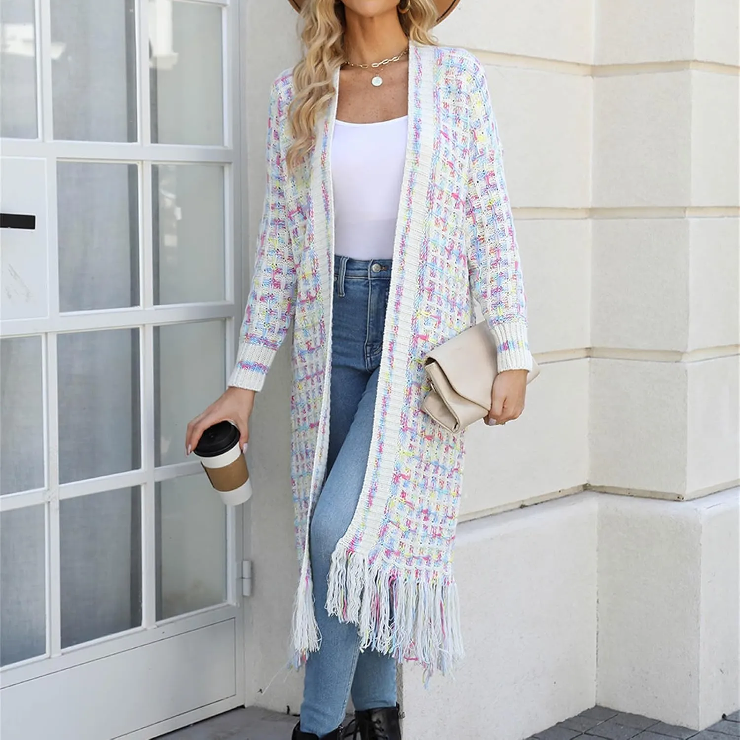Boho Maxi Cardigan Sweater for Women Fringed Hem Open Front Rainbow Knitted Outwear Vintage Elegant Flowy Warm Coat