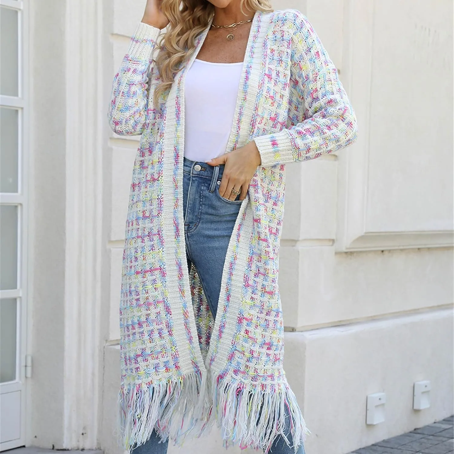 Boho Maxi Cardigan Sweater for Women Fringed Hem Open Front Rainbow Knitted Outwear Vintage Elegant Flowy Warm Coat