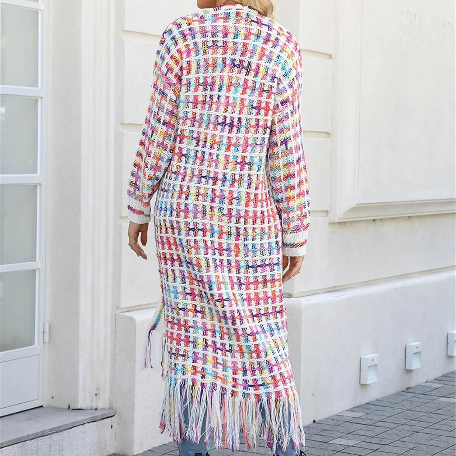 Boho Maxi Cardigan Sweater for Women Fringed Hem Open Front Rainbow Knitted Outwear Vintage Elegant Flowy Warm Coat