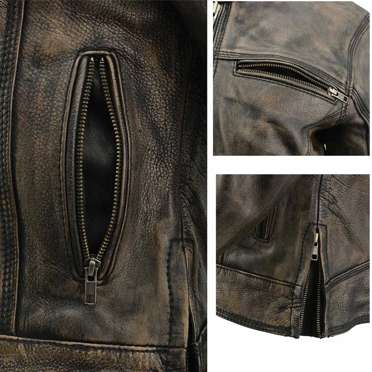 BROWN Leather MLL2550 Women's Scooter Distressed Brown Leather Vented Motorcycle Jacket