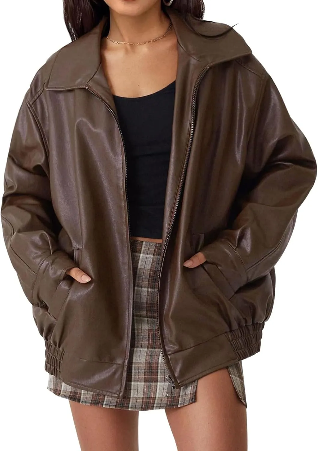 Faux Leather Jacket for Women Oversized Zipper Long Sleeve Motorcycle Bomber Jackets Moto Biker Coat Winter Outfits