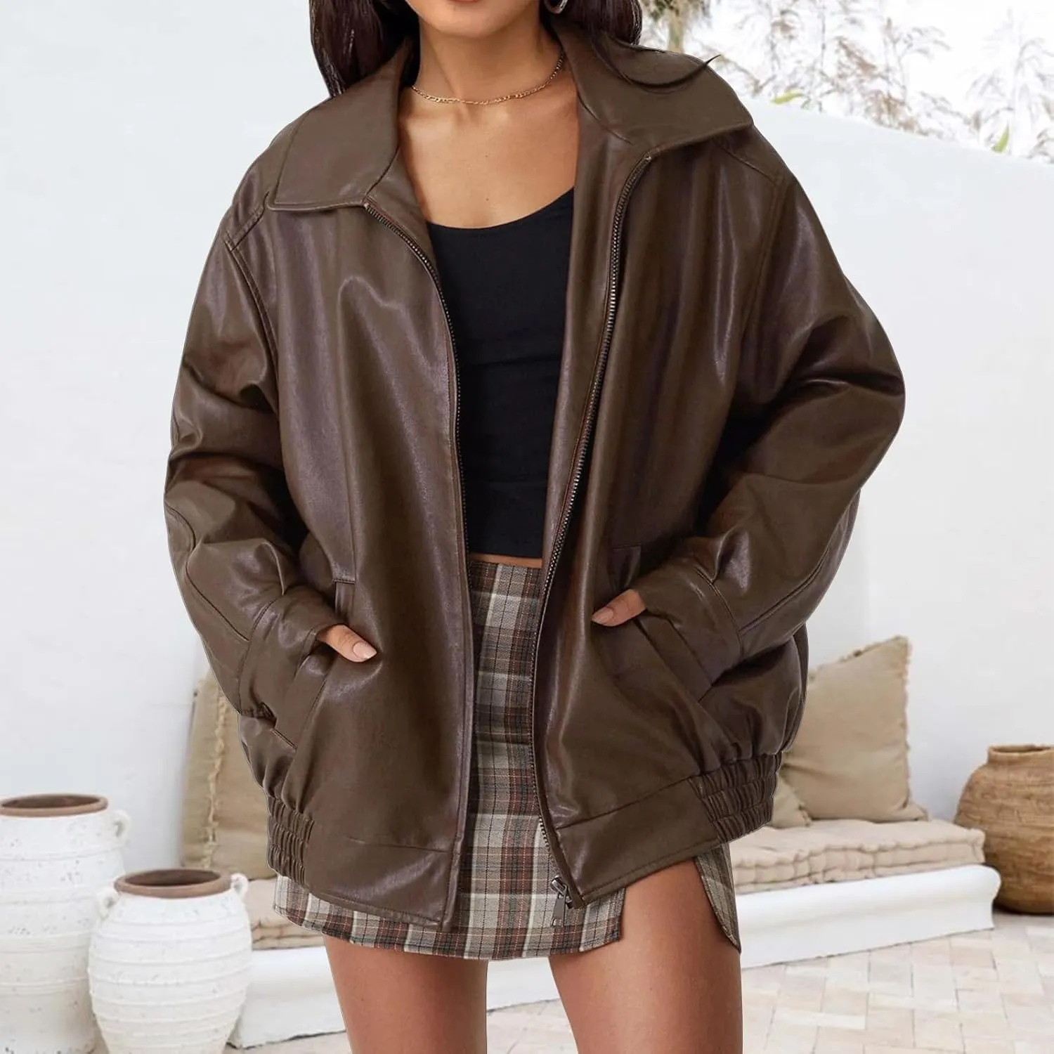 Faux Leather Jacket for Women Oversized Zipper Long Sleeve Motorcycle Bomber Jackets Moto Biker Coat Winter Outfits