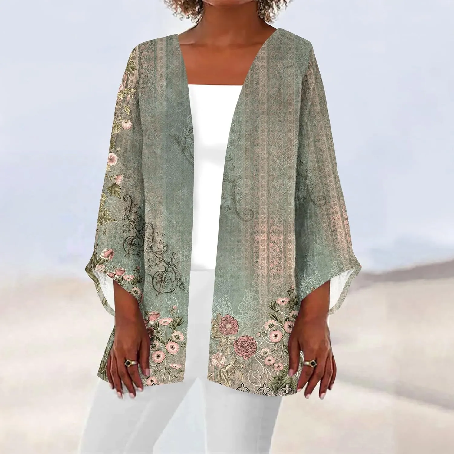 FlekmanArt Kimonos for Women Casual 3/4 Sleeve Print Open Front Cardigan Resort Wear Trendy Flowy Lightweight Dressy Jacket