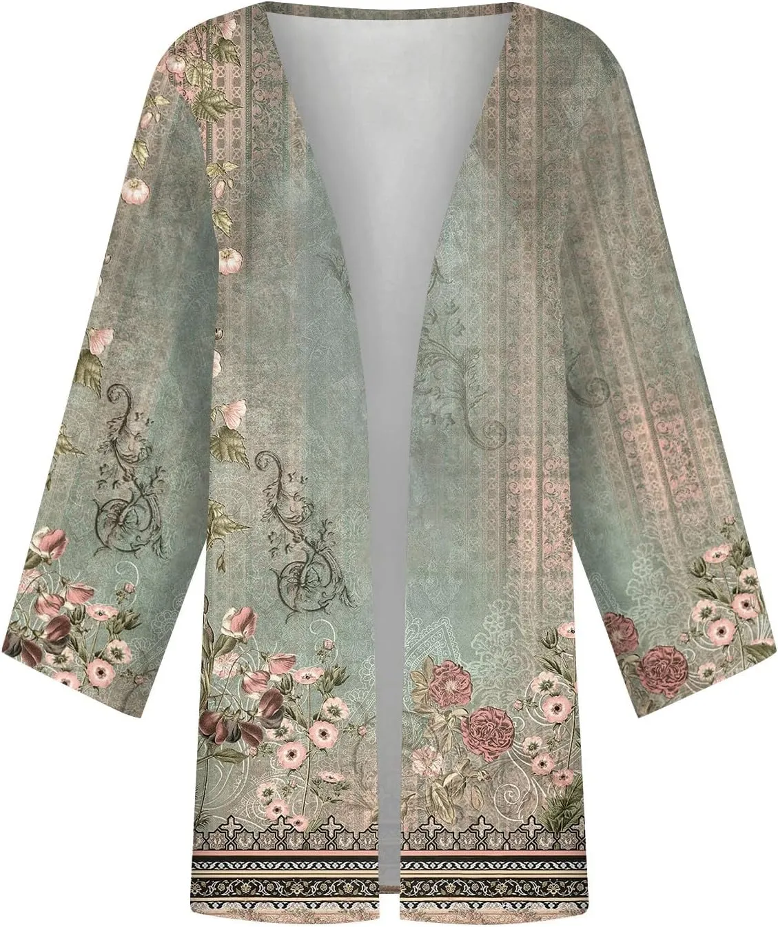 FlekmanArt Kimonos for Women Casual 3/4 Sleeve Print Open Front Cardigan Resort Wear Trendy Flowy Lightweight Dressy Jacket