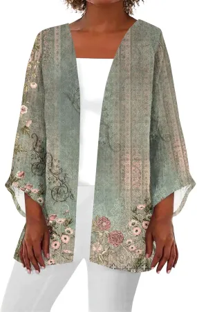 FlekmanArt Kimonos for Women Casual 3/4 Sleeve Print Open Front Cardigan Resort Wear Trendy Flowy Lightweight Dressy Jacket