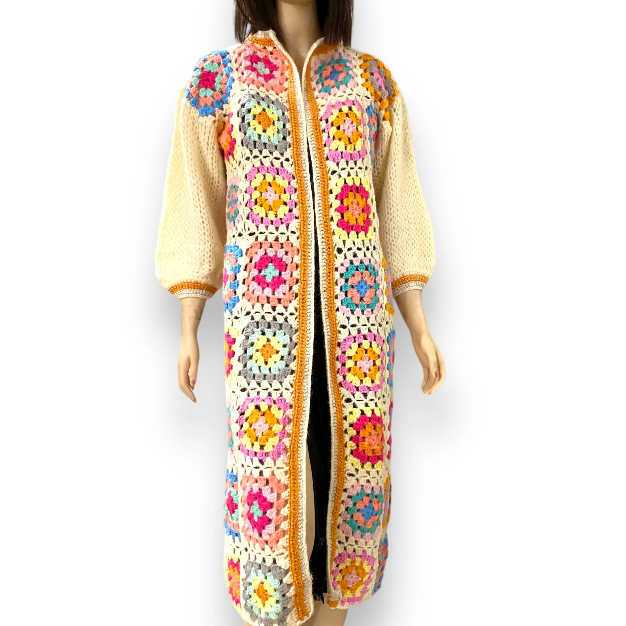 Gold Trim Floral Crochet Long Cardigan Jacket
