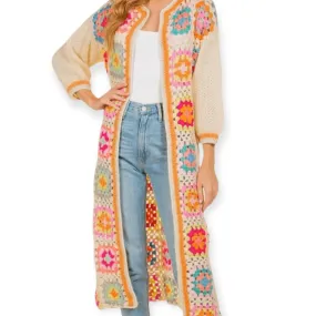 Gold Trim Floral Crochet Long Cardigan Jacket