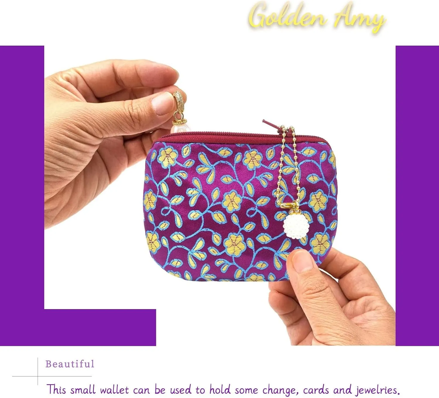 Handmade Coin Purse Brocade Zipper Wallet Rosary Pouch Women Silk Jewelry Bag - DarkPurple
