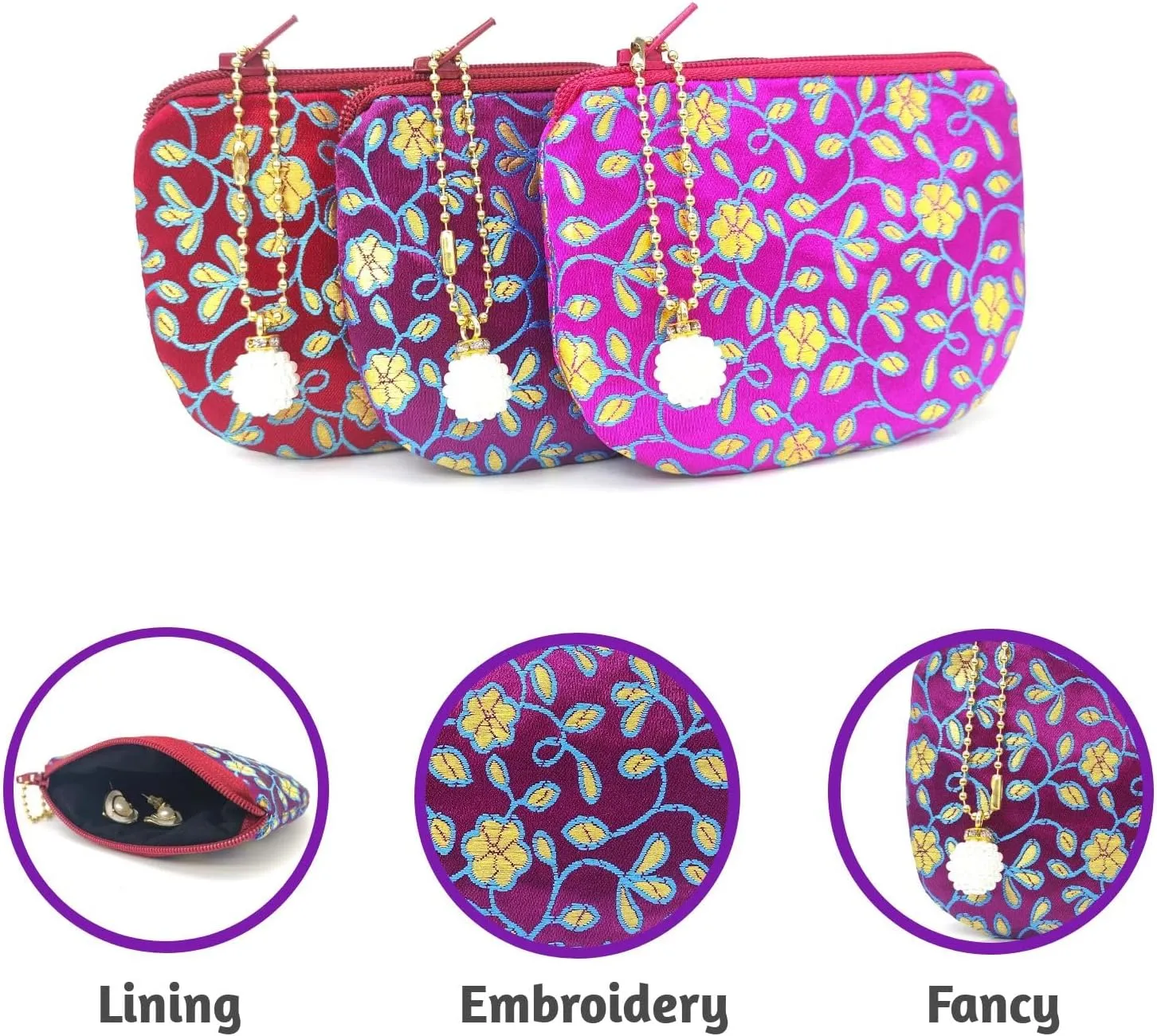 Handmade Coin Purse Brocade Zipper Wallet Rosary Pouch Women Silk Jewelry Bag - DarkPurple