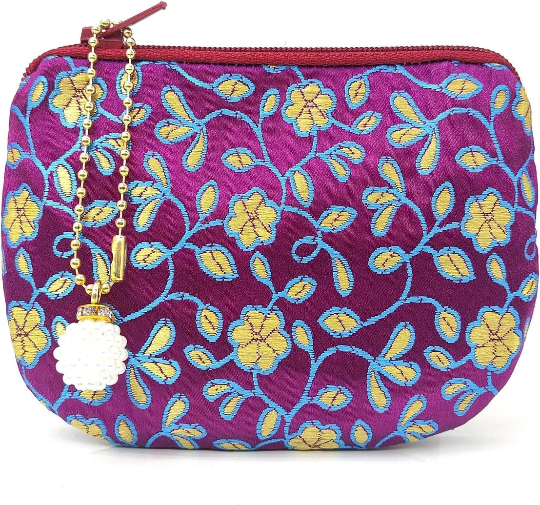 Handmade Coin Purse Brocade Zipper Wallet Rosary Pouch Women Silk Jewelry Bag - DarkPurple