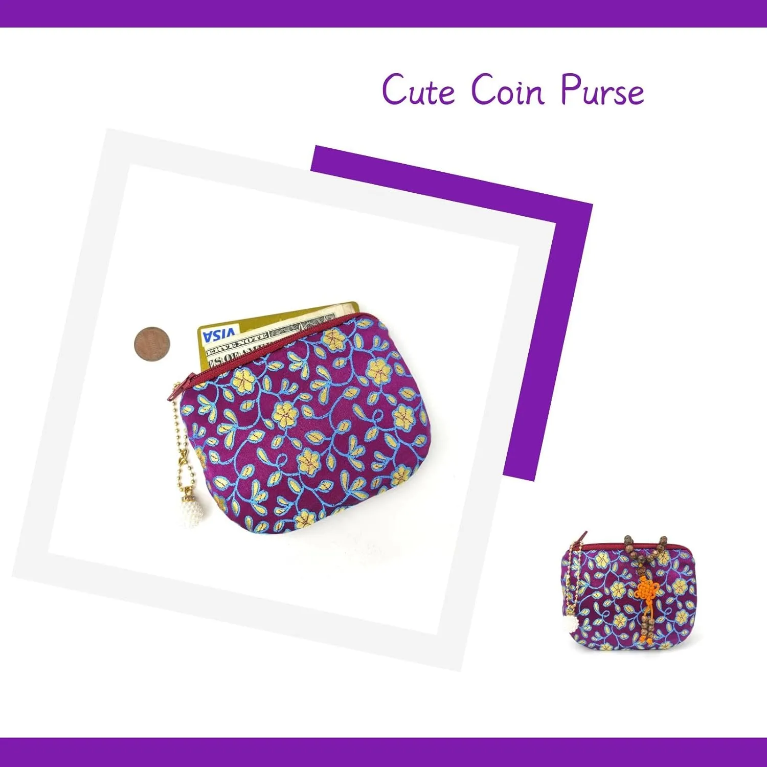 Handmade Coin Purse Brocade Zipper Wallet Rosary Pouch Women Silk Jewelry Bag - DarkPurple