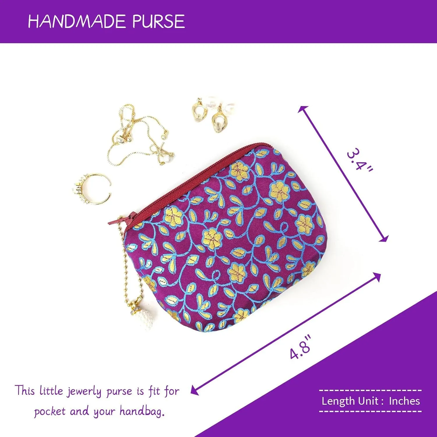 Handmade Coin Purse Brocade Zipper Wallet Rosary Pouch Women Silk Jewelry Bag - DarkPurple