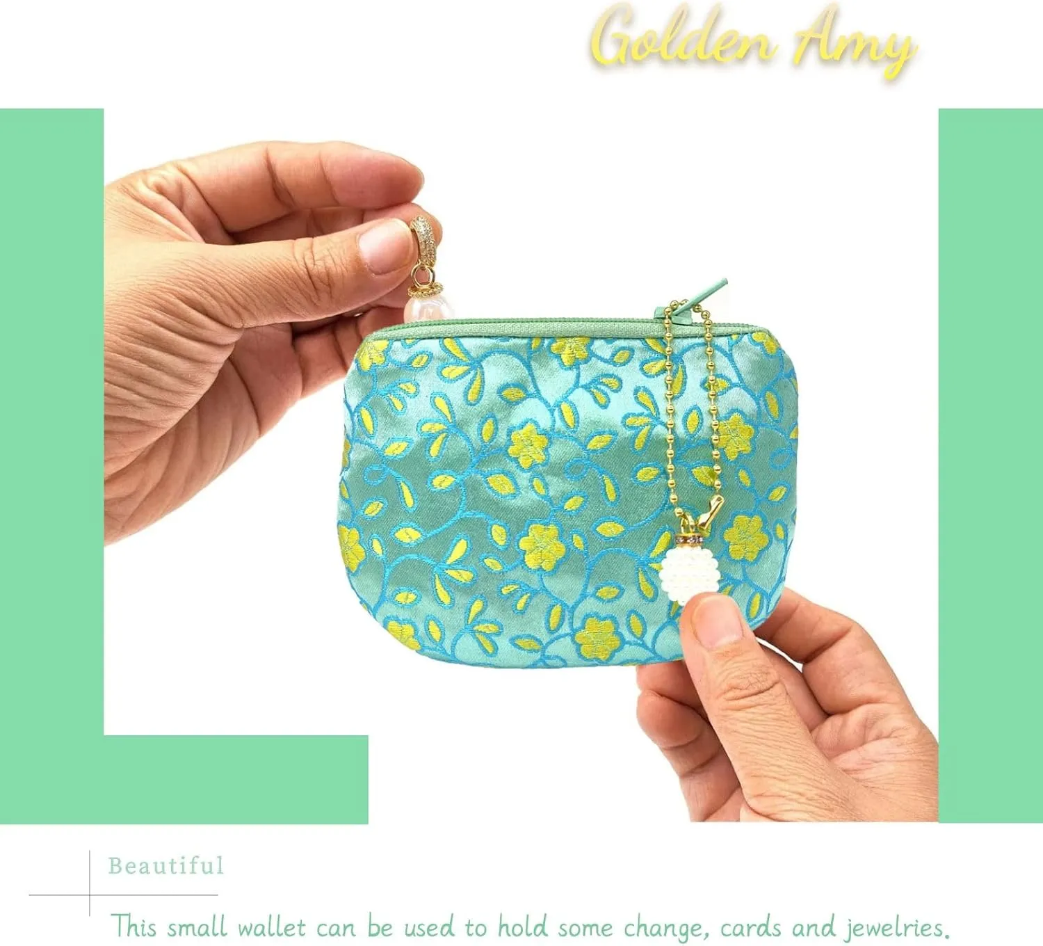 Handmade Coin Purse Brocade Zipper Wallet Rosary Pouch Women Silk Jewelry Bag - LightGreen