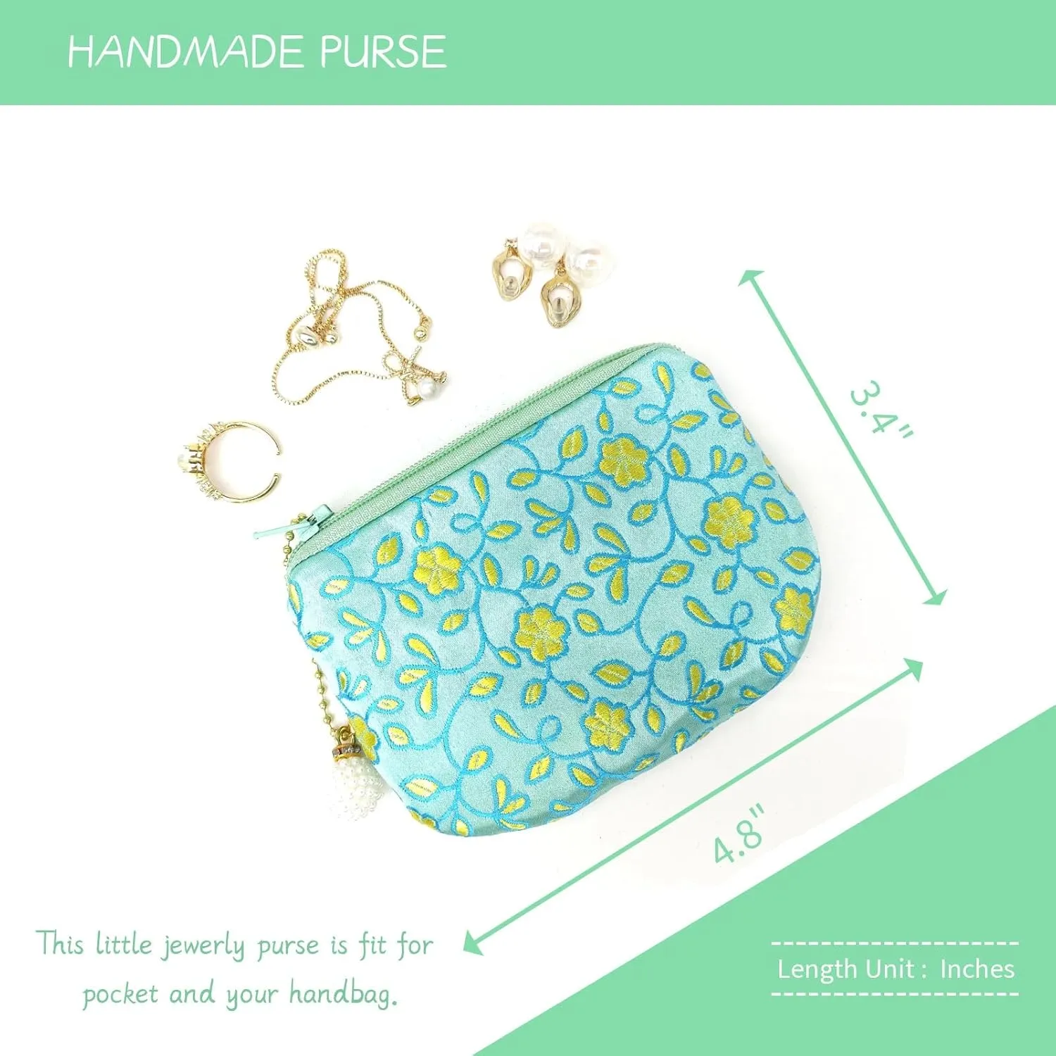 Handmade Coin Purse Brocade Zipper Wallet Rosary Pouch Women Silk Jewelry Bag - LightGreen