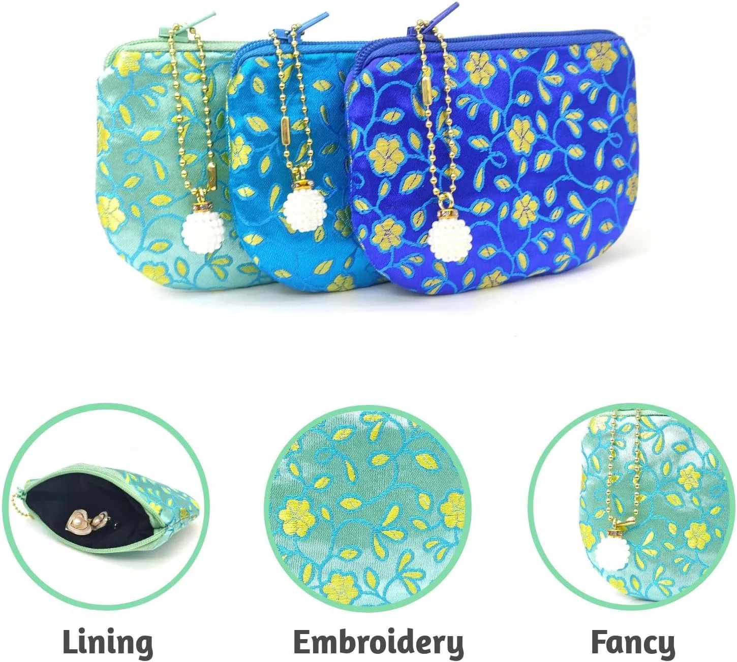 Handmade Coin Purse Brocade Zipper Wallet Rosary Pouch Women Silk Jewelry Bag - LightGreen