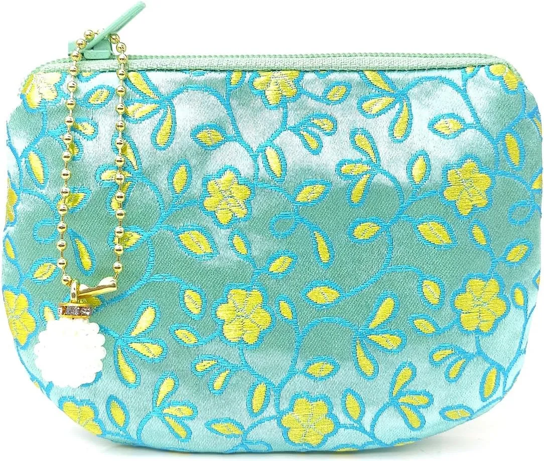 Handmade Coin Purse Brocade Zipper Wallet Rosary Pouch Women Silk Jewelry Bag - LightGreen