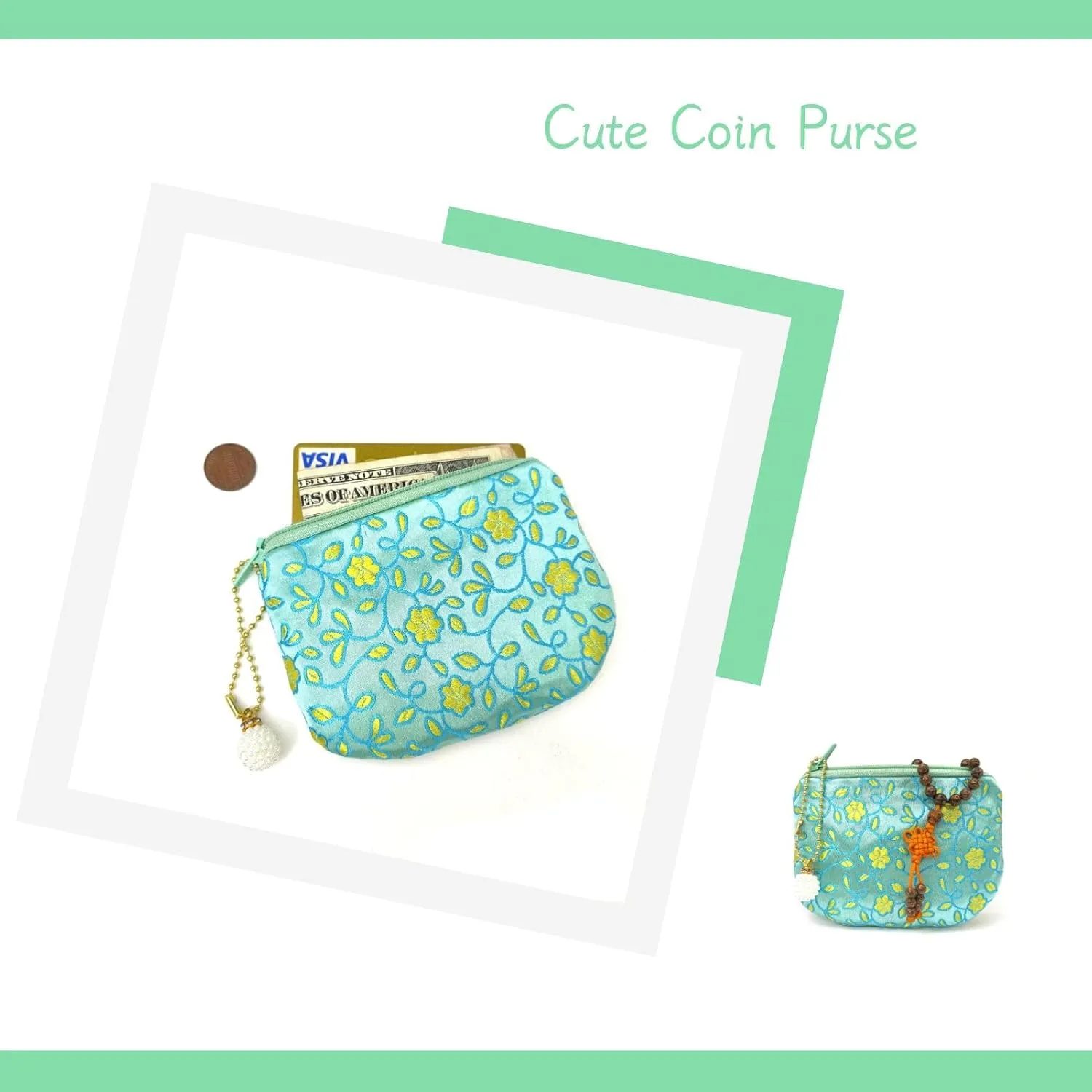 Handmade Coin Purse Brocade Zipper Wallet Rosary Pouch Women Silk Jewelry Bag - LightGreen