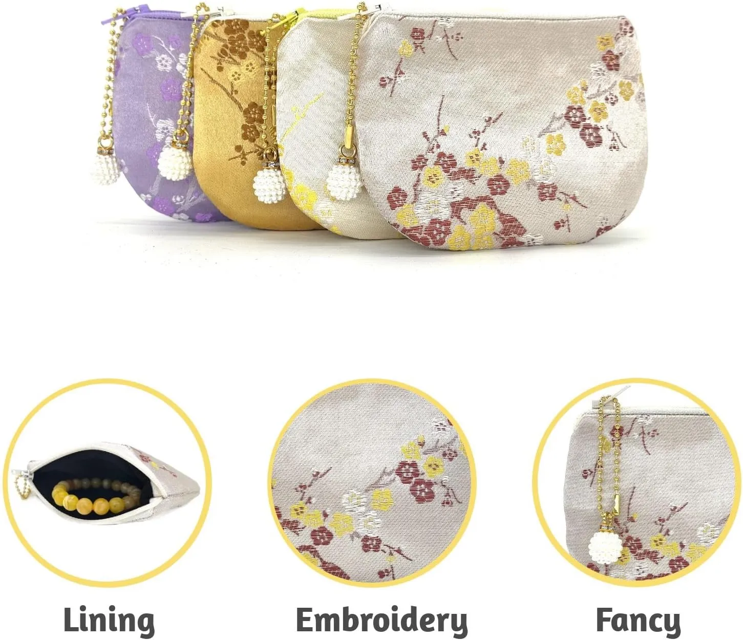 Handmade Women Coin Purse Brocade Rosary Bag Silk Jewelry Pouch Zipper Wallet - Beige