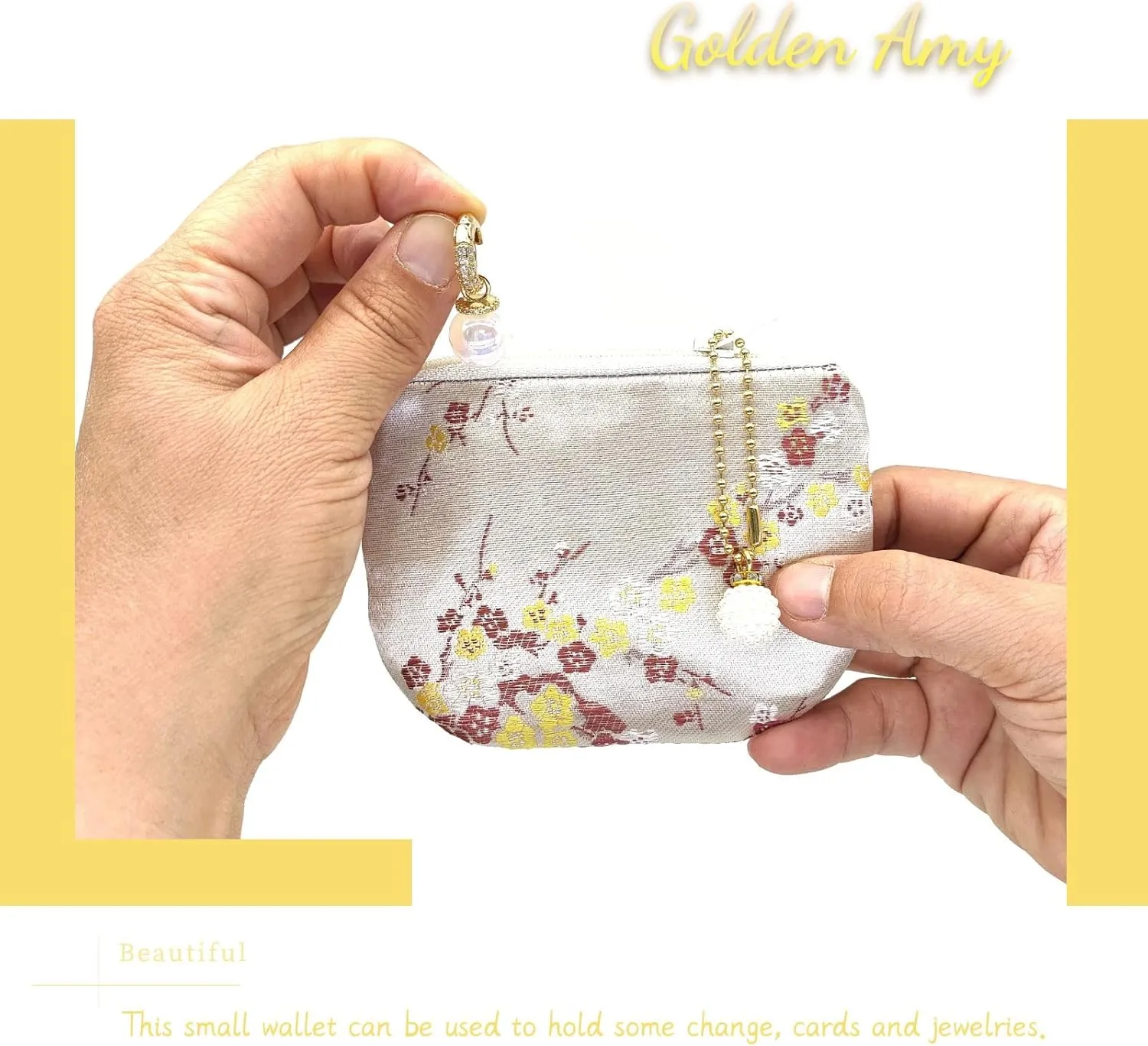 Handmade Women Coin Purse Brocade Rosary Bag Silk Jewelry Pouch Zipper Wallet - Beige