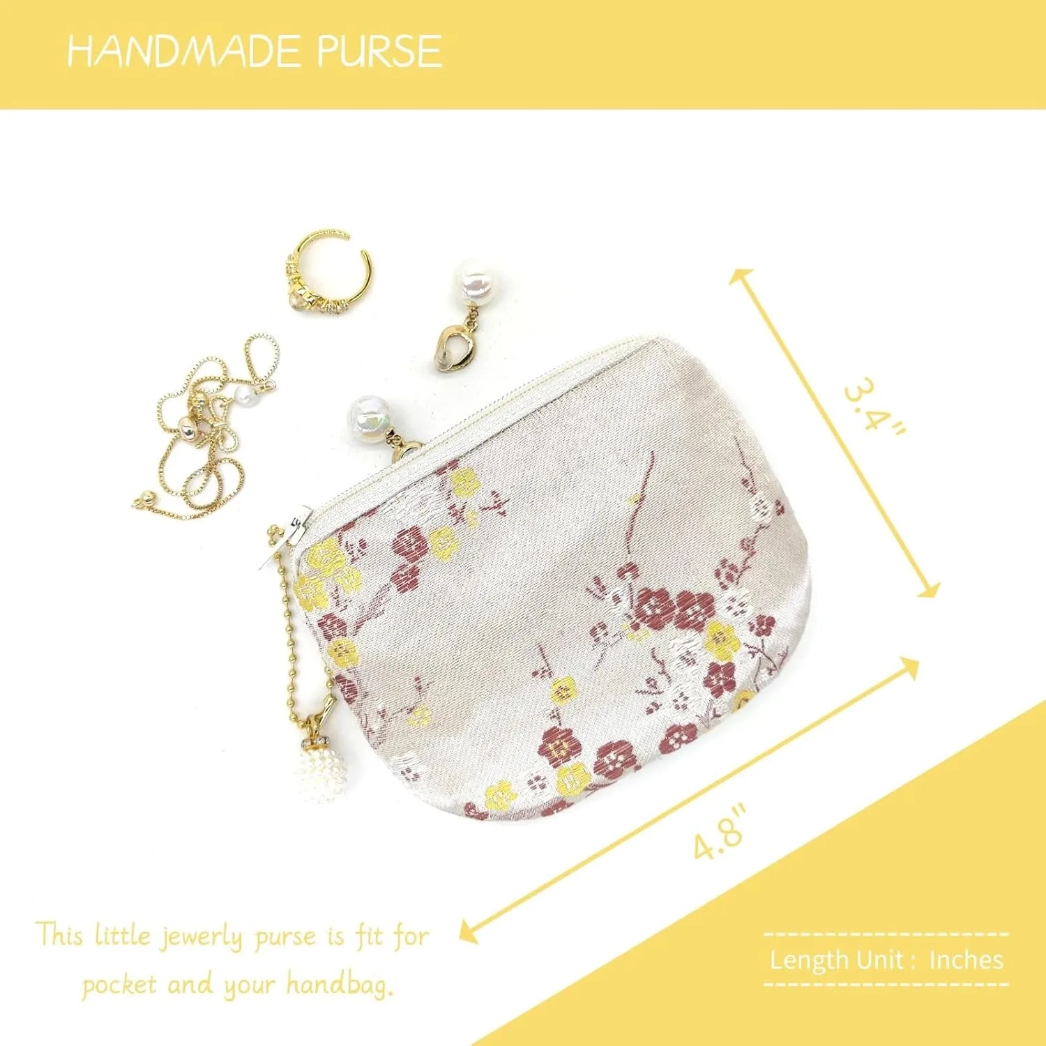 Handmade Women Coin Purse Brocade Rosary Bag Silk Jewelry Pouch Zipper Wallet - Beige