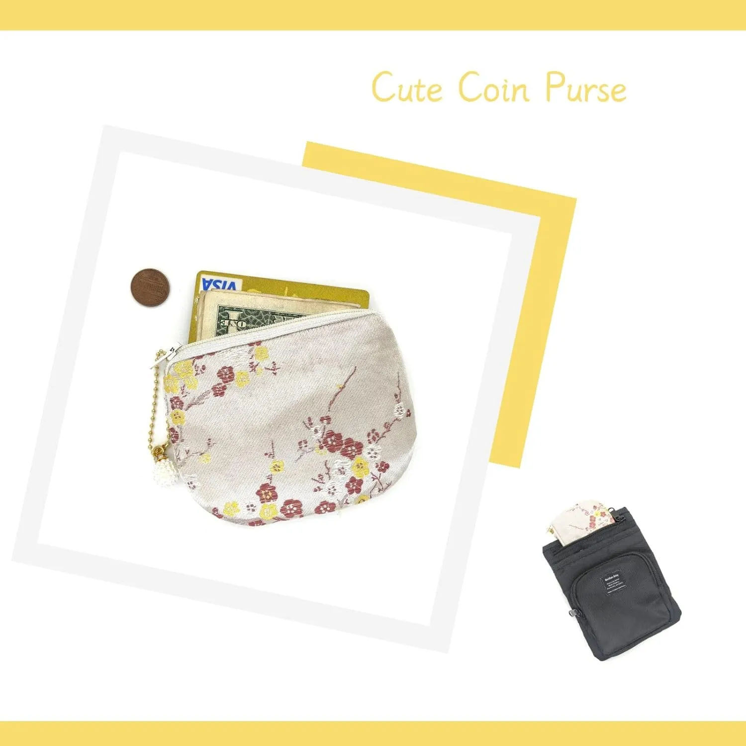 Handmade Women Coin Purse Brocade Rosary Bag Silk Jewelry Pouch Zipper Wallet - Beige