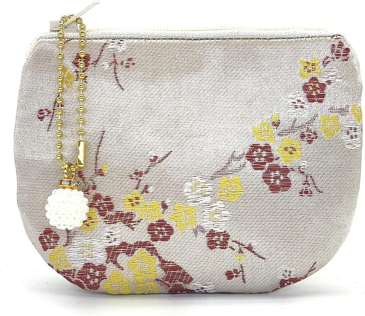 Handmade Women Coin Purse Brocade Rosary Bag Silk Jewelry Pouch Zipper Wallet - Beige