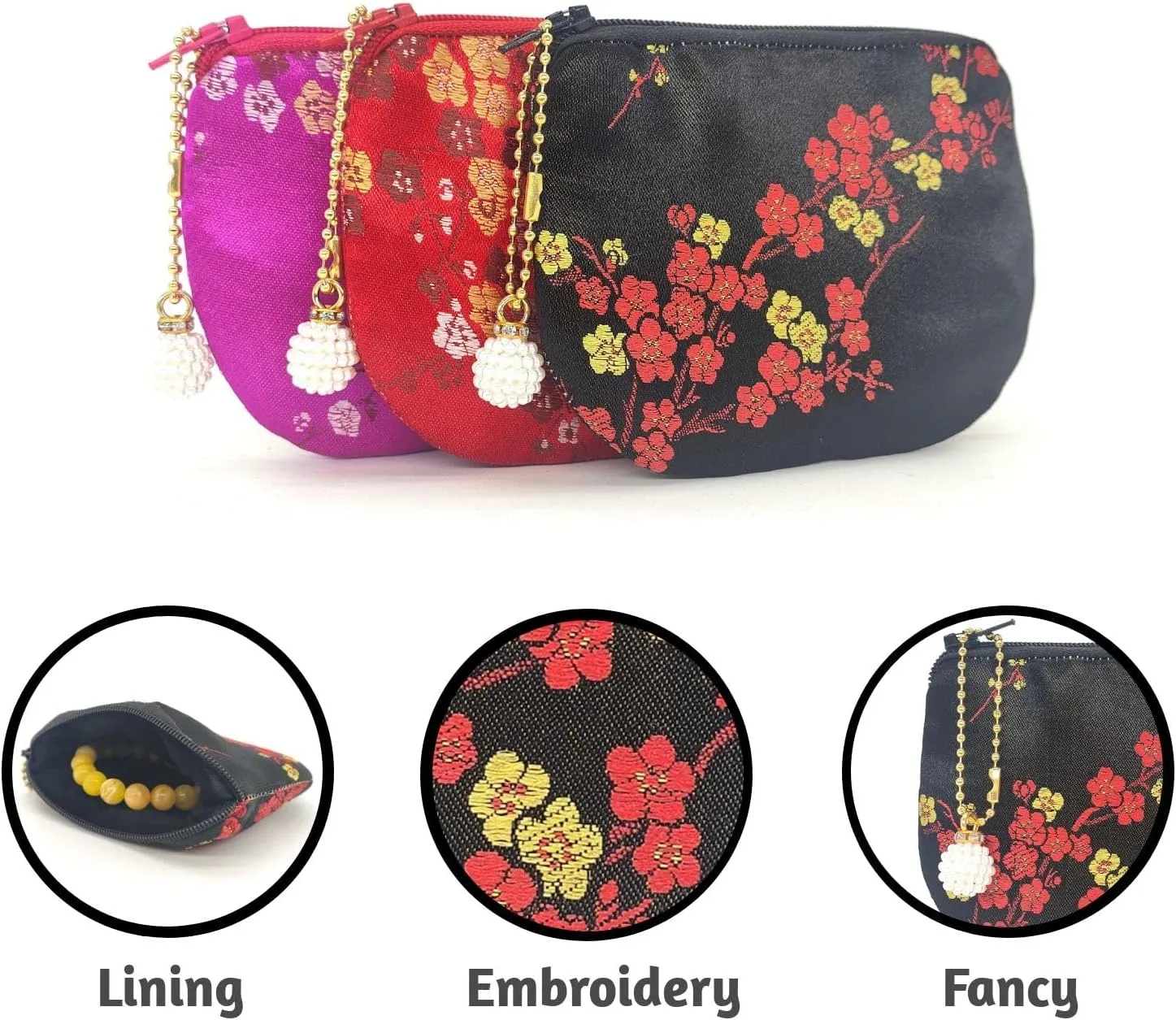 Handmade Women Coin Purse Brocade Rosary Bag Silk Jewelry Pouch Zipper Wallet - Black Plus