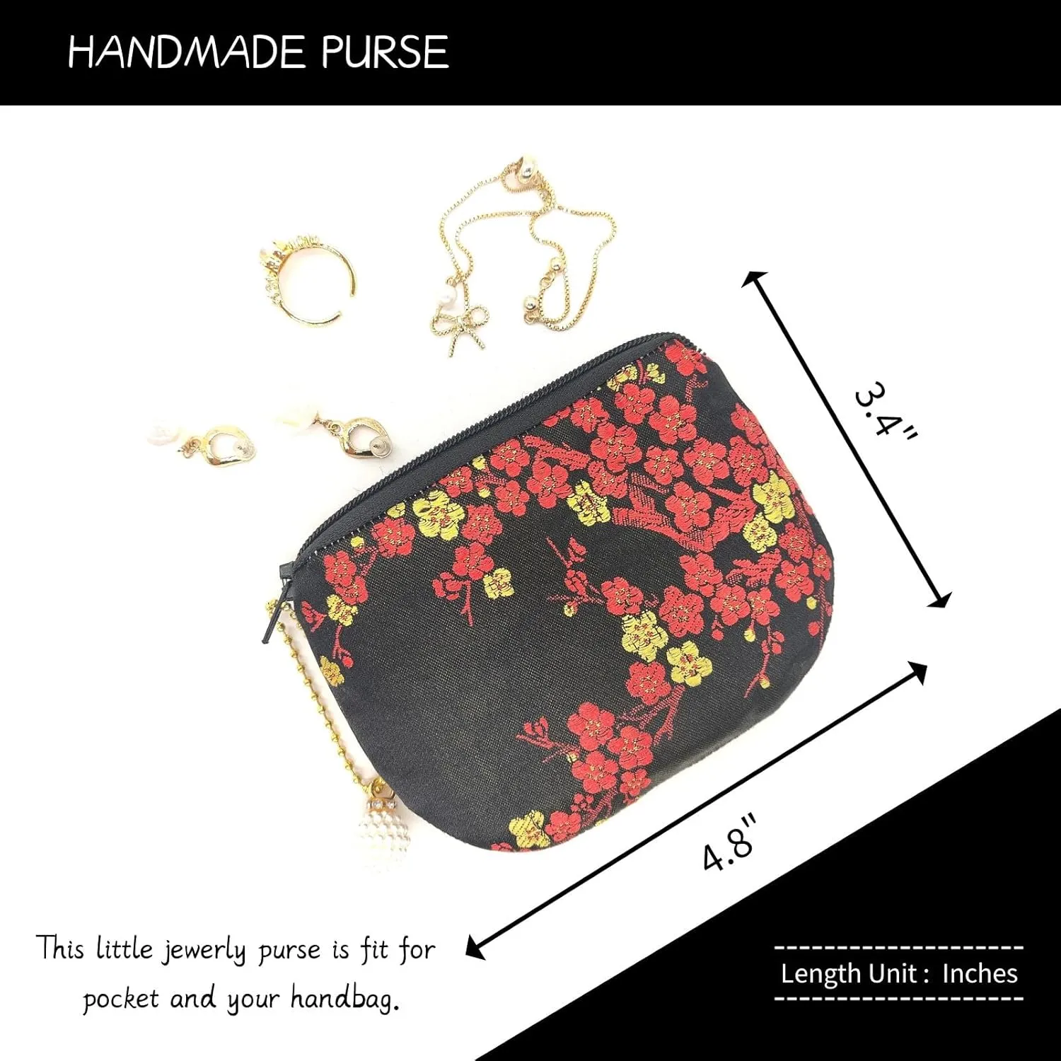 Handmade Women Coin Purse Brocade Rosary Bag Silk Jewelry Pouch Zipper Wallet - Black Plus