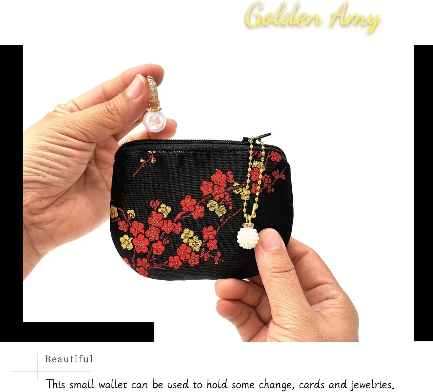 Handmade Women Coin Purse Brocade Rosary Bag Silk Jewelry Pouch Zipper Wallet - Black Plus