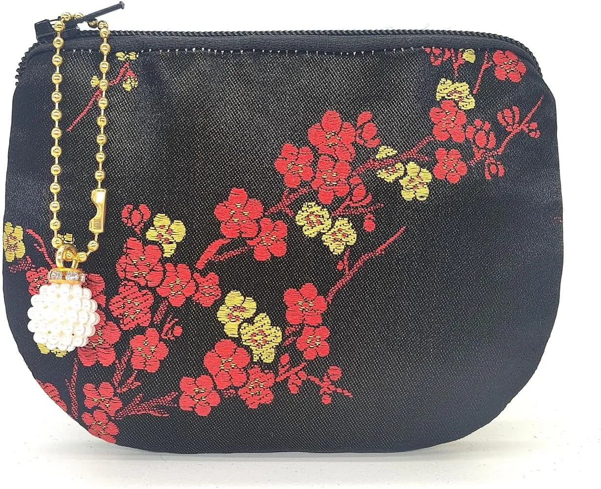 Handmade Women Coin Purse Brocade Rosary Bag Silk Jewelry Pouch Zipper Wallet - Black Plus