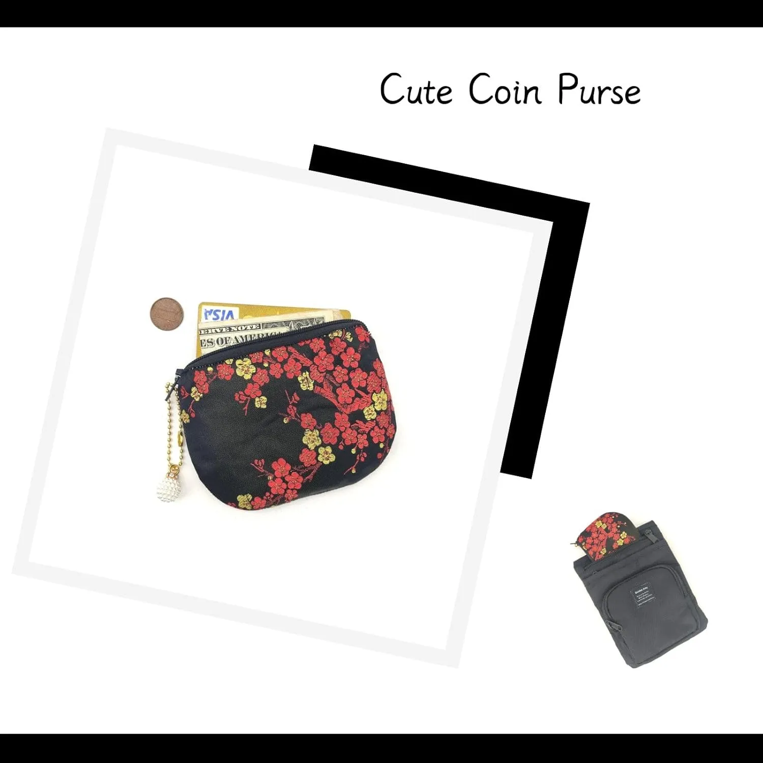 Handmade Women Coin Purse Brocade Rosary Bag Silk Jewelry Pouch Zipper Wallet - Black Plus