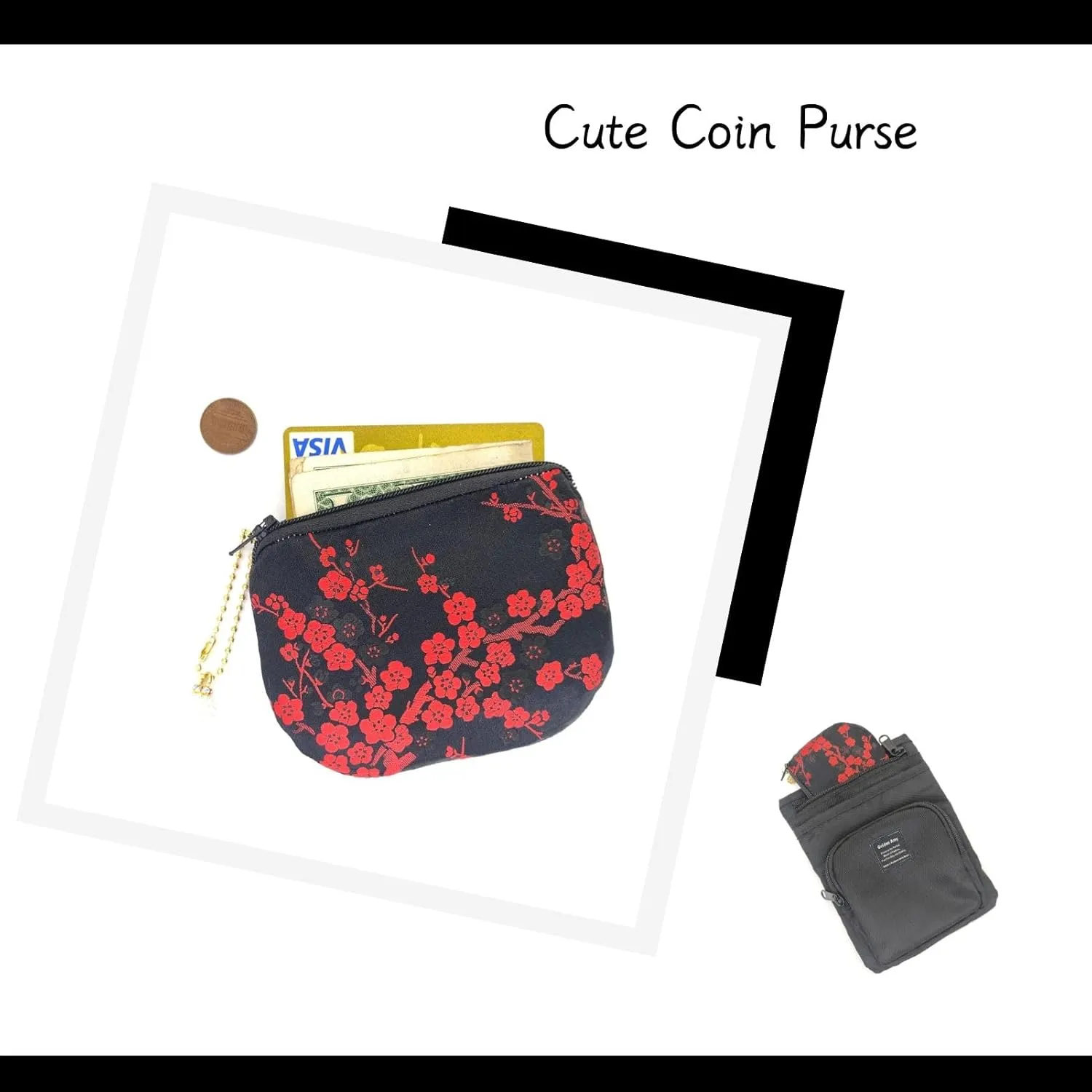 Handmade Women Coin Purse Brocade Rosary Bag Silk Jewelry Pouch Zipper Wallet - Black