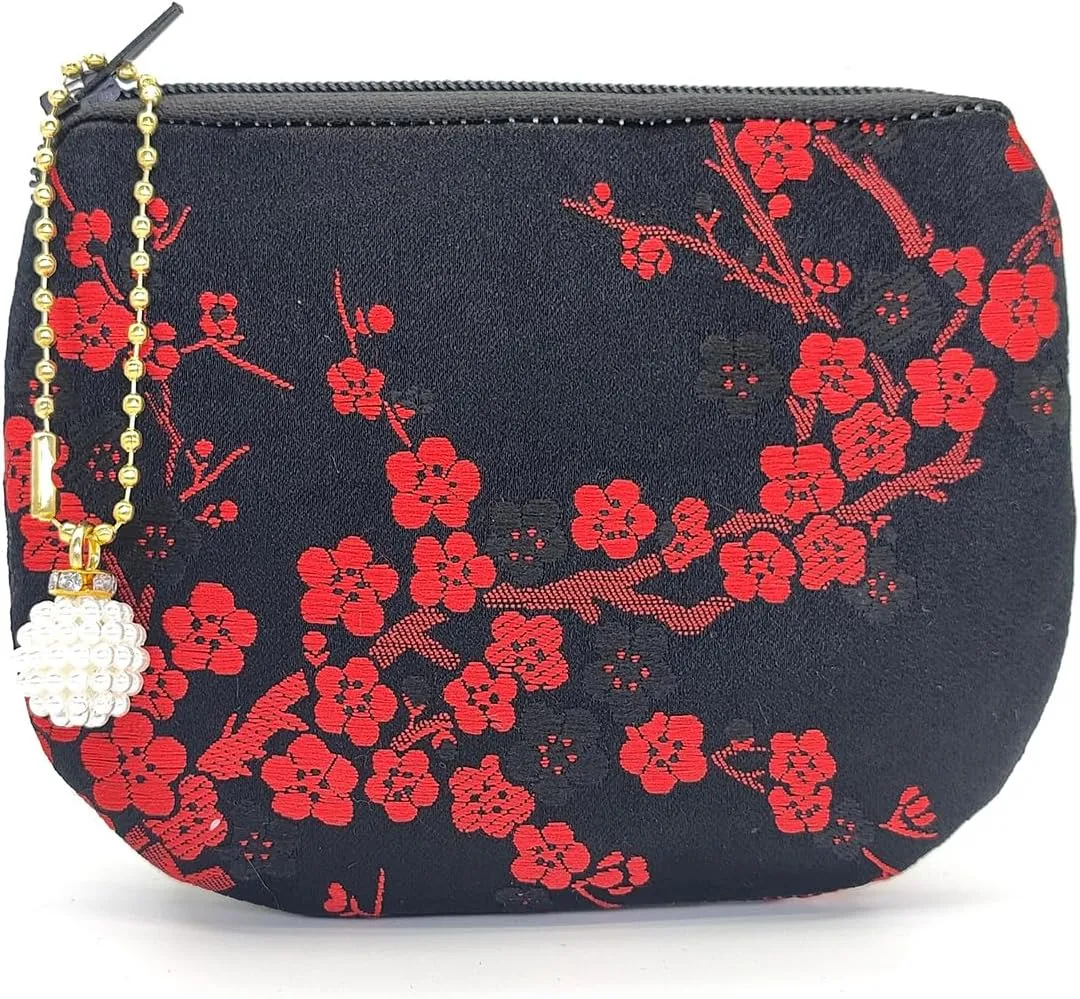 Handmade Women Coin Purse Brocade Rosary Bag Silk Jewelry Pouch Zipper Wallet - Black