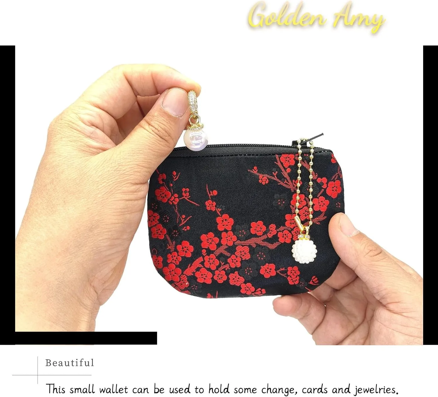 Handmade Women Coin Purse Brocade Rosary Bag Silk Jewelry Pouch Zipper Wallet - Black