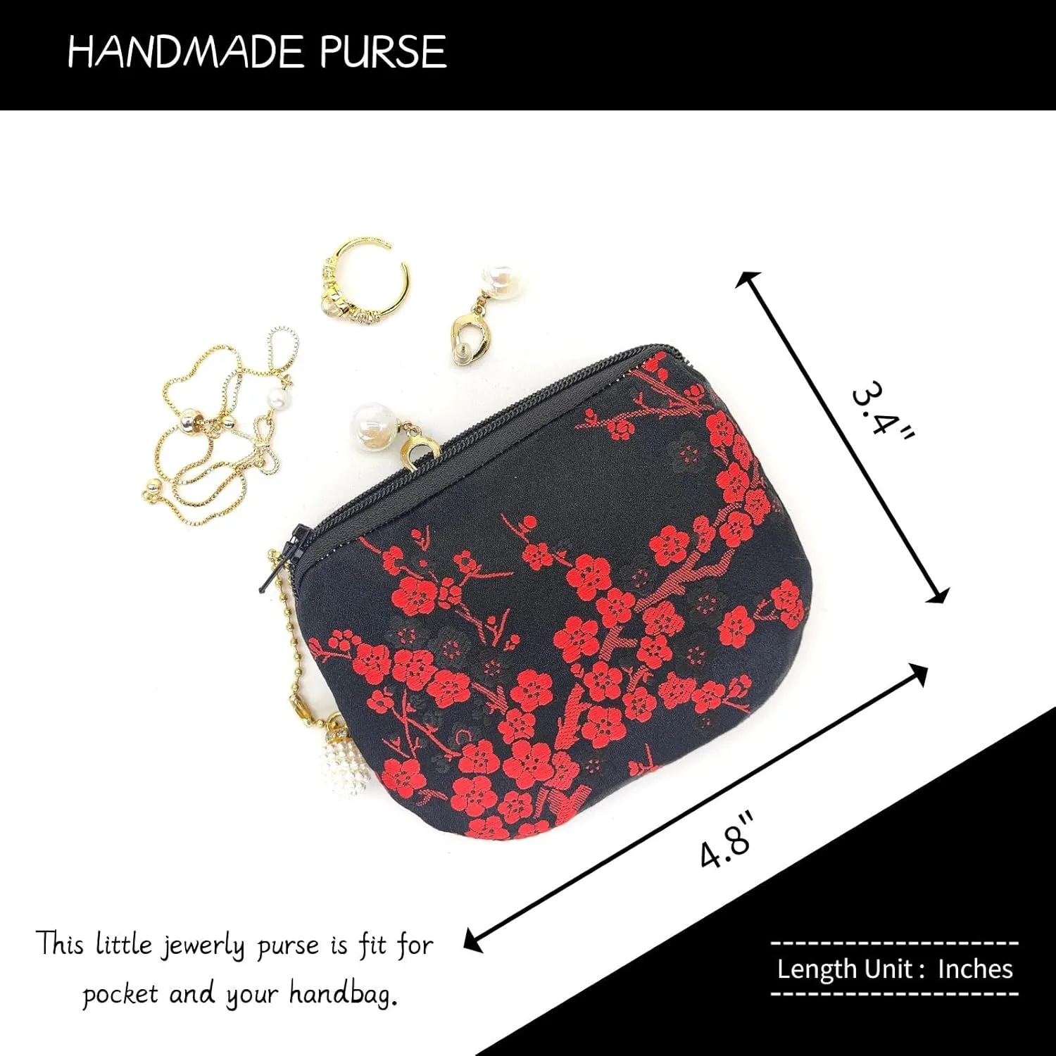 Handmade Women Coin Purse Brocade Rosary Bag Silk Jewelry Pouch Zipper Wallet - Black